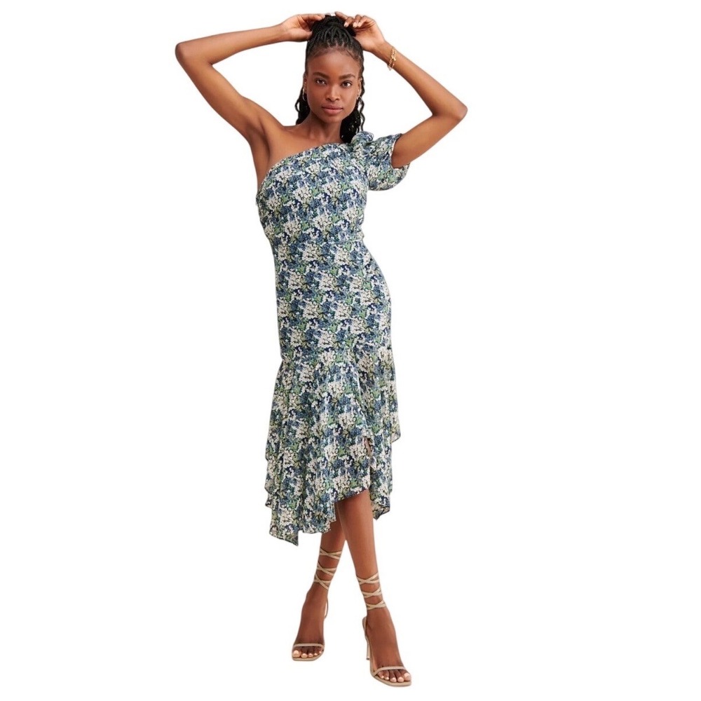 ASTR The Label Floral One Shoulder Dress Small Blue Green Ruffle Hem Wedding
